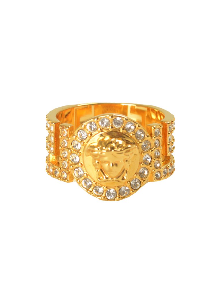 Versace Gold Color Metal Medusa Head Logo Strass Statement Ring Italy Sz 19